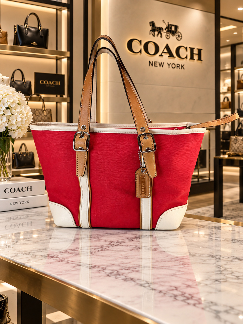 VTG Coach Hamptons 7741 Red Canvas White Leather Mini Market Tote Bag Y2K Rare B